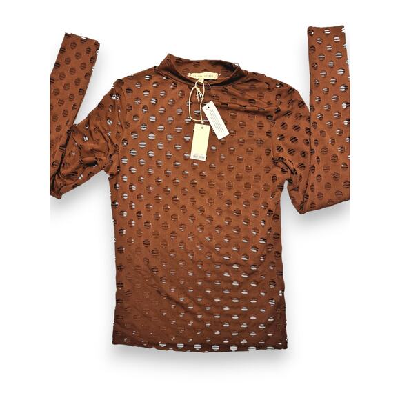 NWT Glided Intent Brown Distressed Long Sleeve Top w/ Cutouts Size Small - Picture 1 of 12
